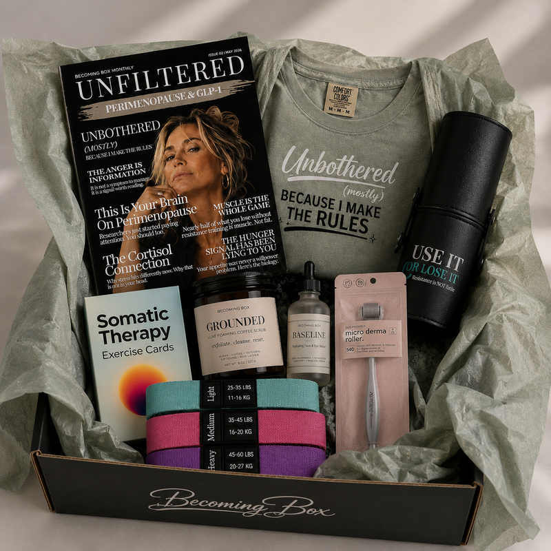 Becoming Box open flat lay with magazine, apparel, and curated products