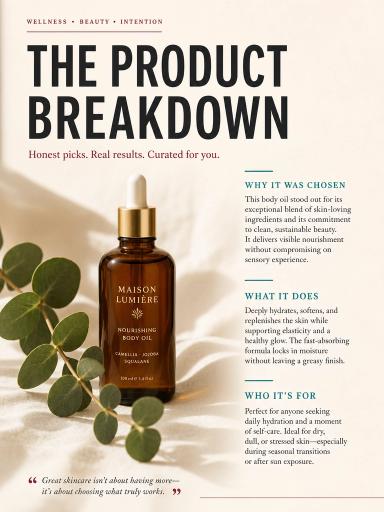 Publication page showing a featured product breakdown with why it was chosen, what it does, and who it is for