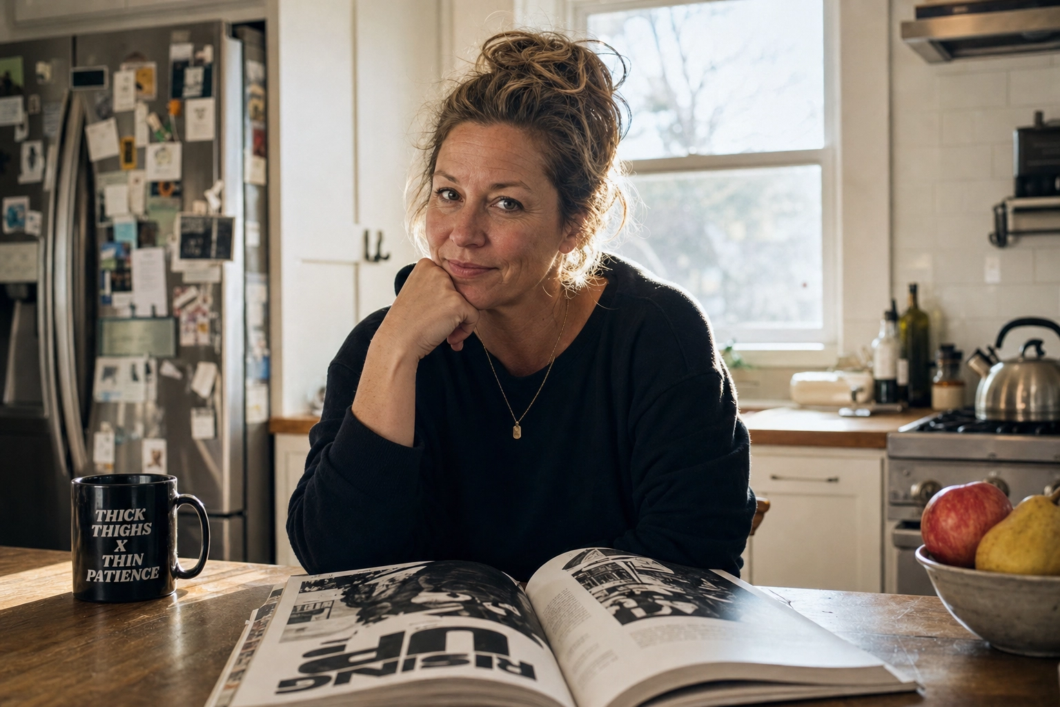 A bold, modern portrait of a woman at her kitchen table — direct gaze, no apology, with a publication open and a mug that reads thick thighs x thin patience